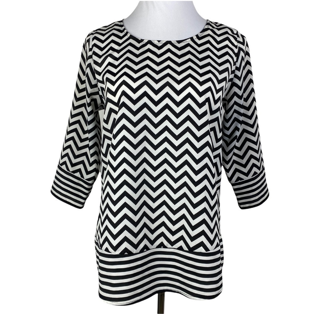 Blue Rain Chevron Striped Hem/Cuff Blouse Women's‎ Medium Black White 3/4 Sleeve